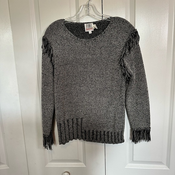 Fia Italia handloomed black and white knitted scoop neck sweater w/ fringe, S - Picture 1 of 4